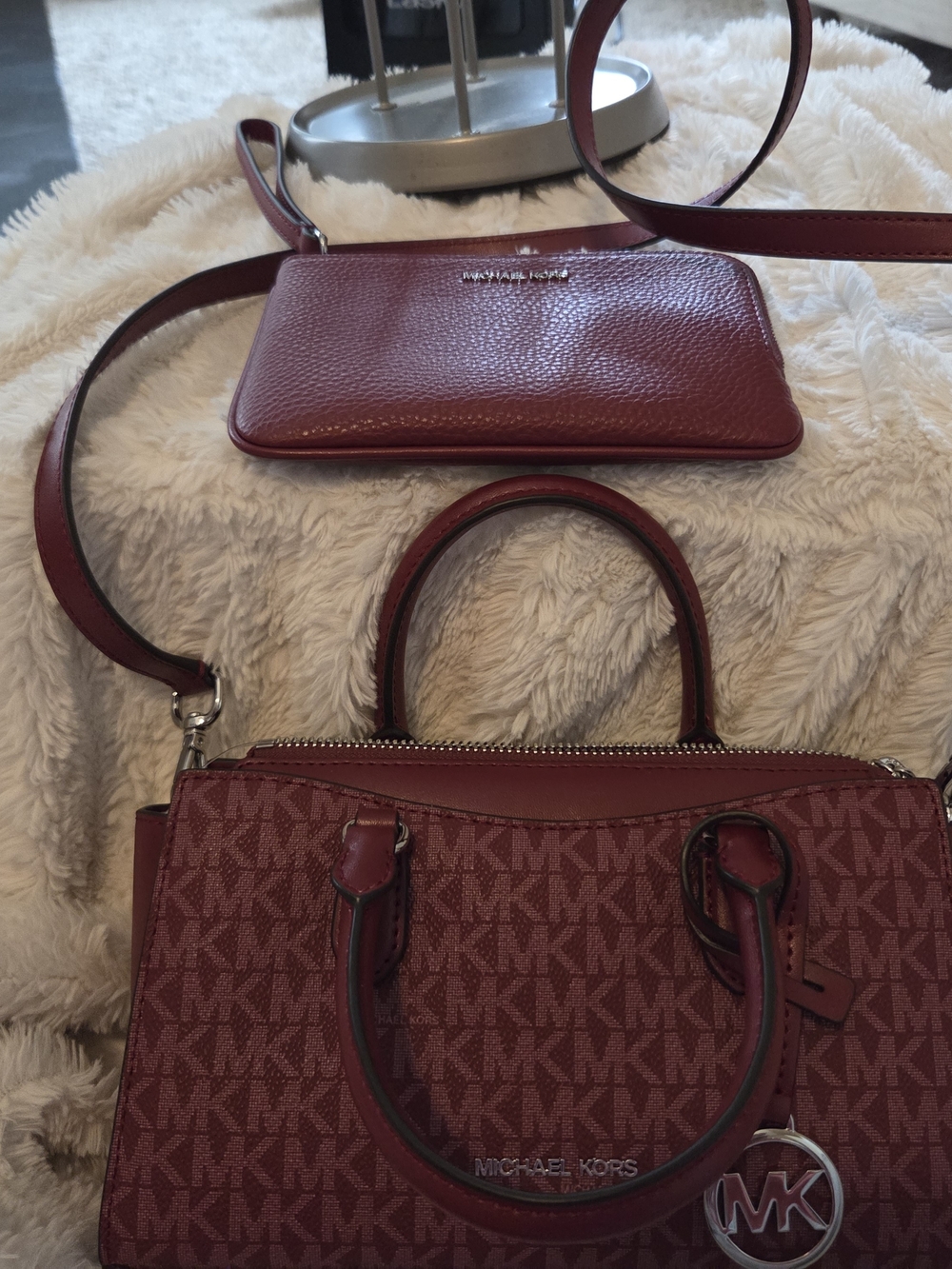 Michael Kors Burgundy MK Logo Satchel with Matching Crossbody Wallet